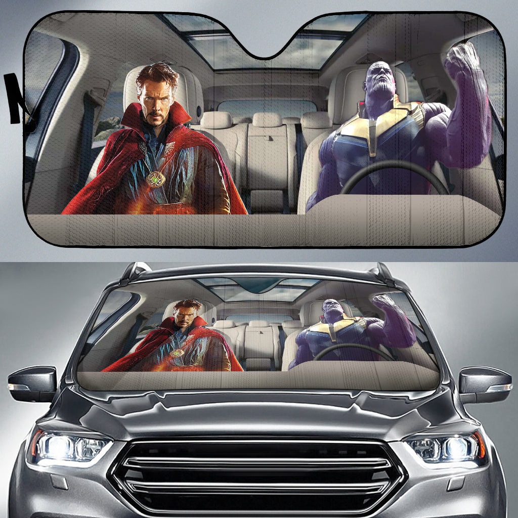 Dr. Strange And Thanos Driving Auto Sun Shade
