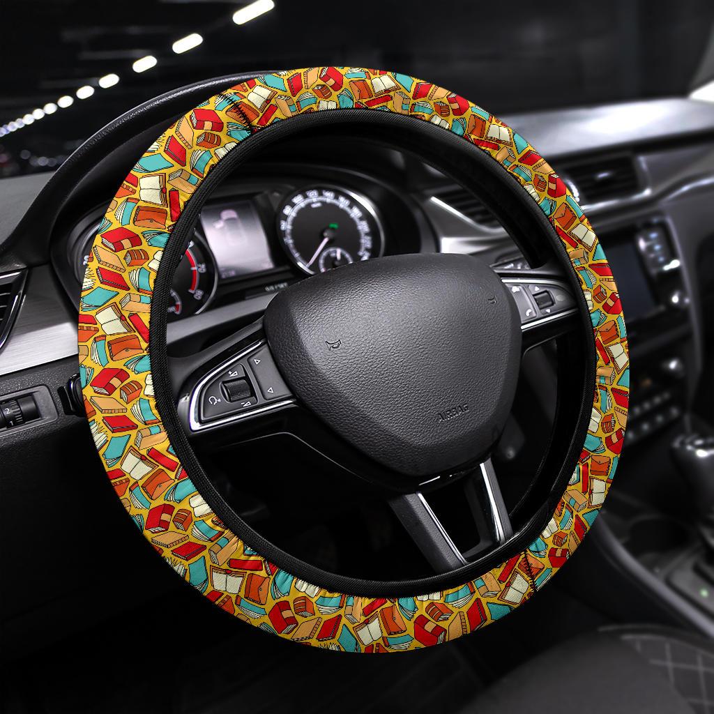 Book Yellow Background Premium Car Steering Wheel Cover