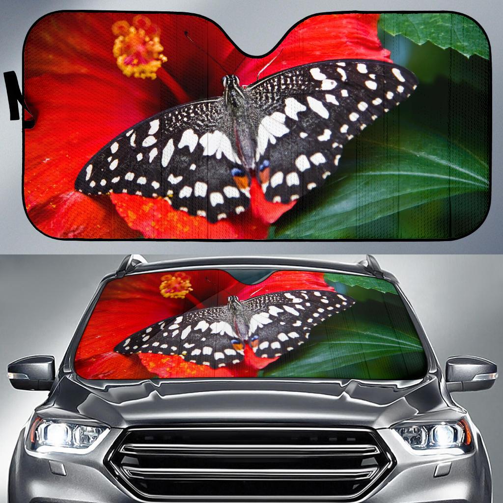 Butterfly Bright Red Hibiscus Bloom Car Sun Shade Gift Ideas 2022