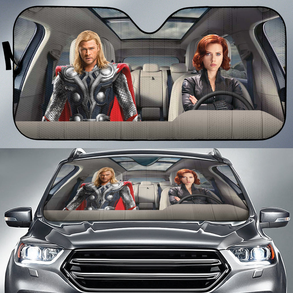 Black Widow And Thor Driving Auto Sun Shade