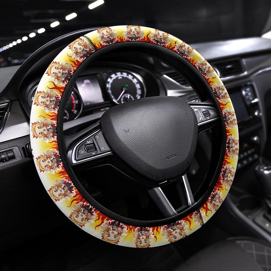 Cute Rengoku Kyojuro Chipi Demon Slayer Anime Car Steering Wheel Cover 1