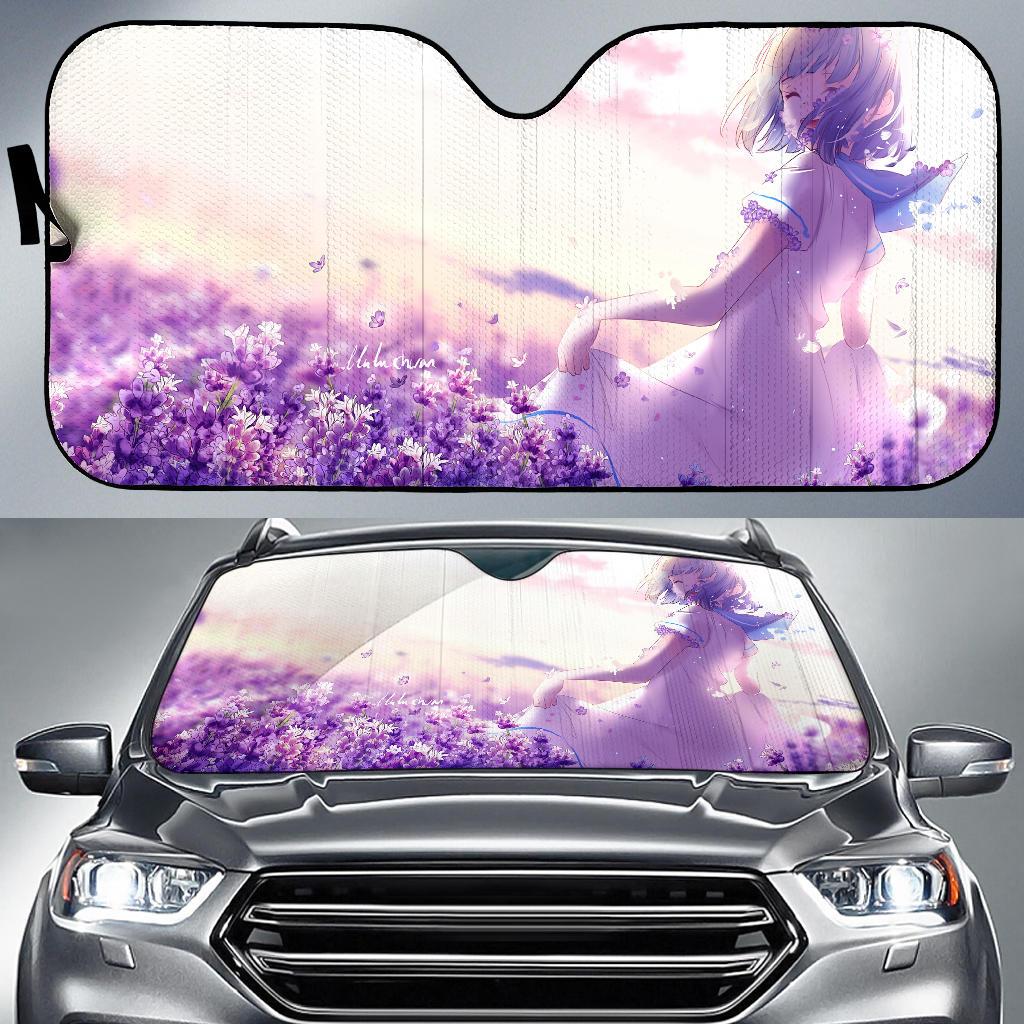Anime Girl Lavender Flowers Purple Spring 4K Car Sun Shade Gift Ideas 2021