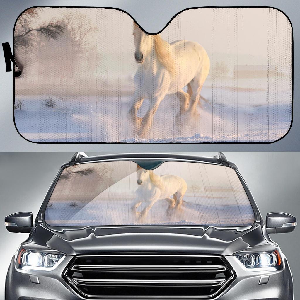 White Horse Running Horse Winter Snow 4K Car Sun Shade Gift Ideas 2022