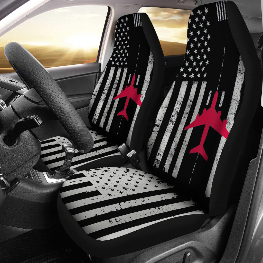 Us Flag Airport Runway! Airplane Pilot Car Seat Covers