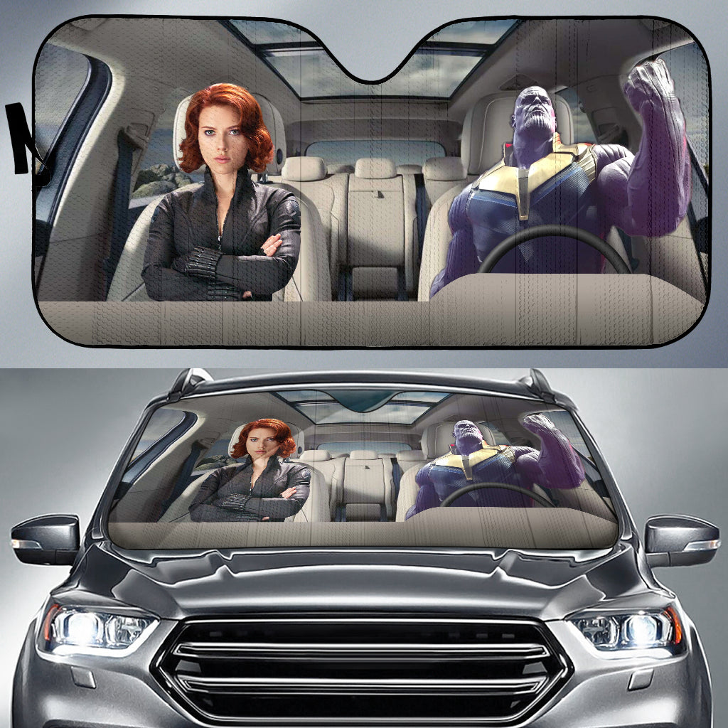 Black Widow And Thanos Driving Auto Sun Shade