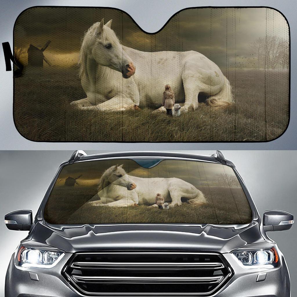 White Horse Cute Girl Cute Dog Landscape Dream 5K Car Sun Shade Gift Ideas 2022