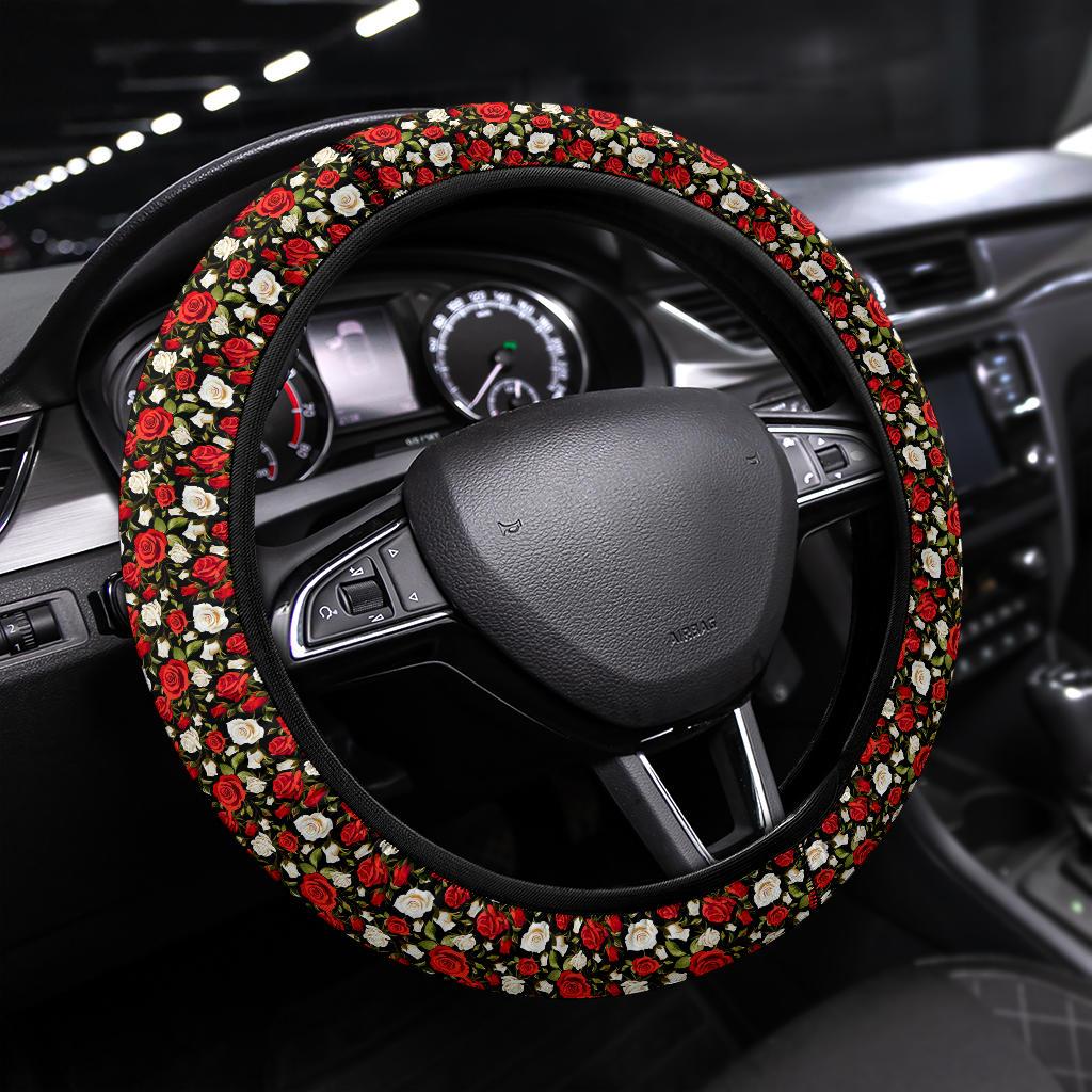 Rose Red White Premium Car Steering Wheel Cover