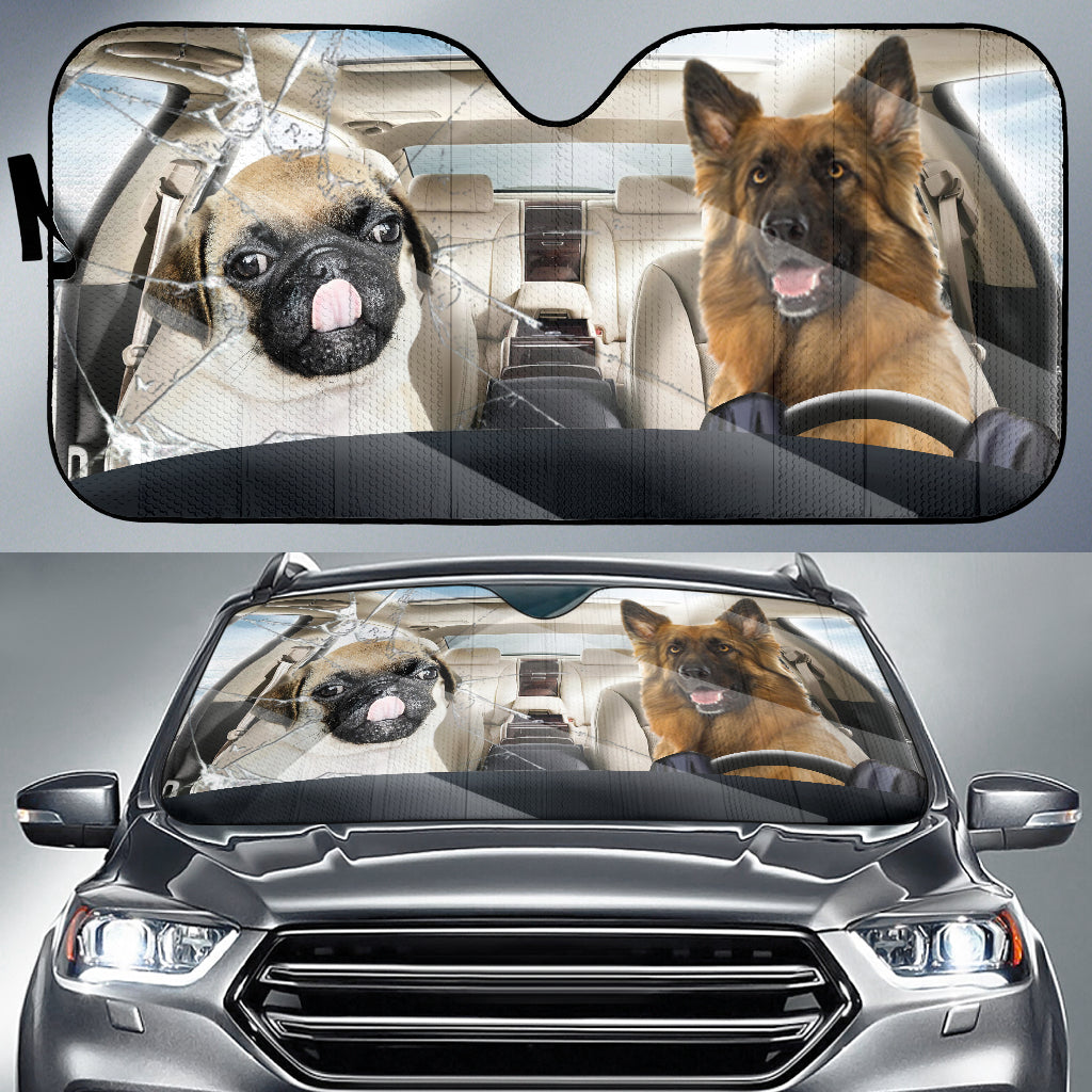 Pug Dog And German Shepherd Car Auto Sunshade 1