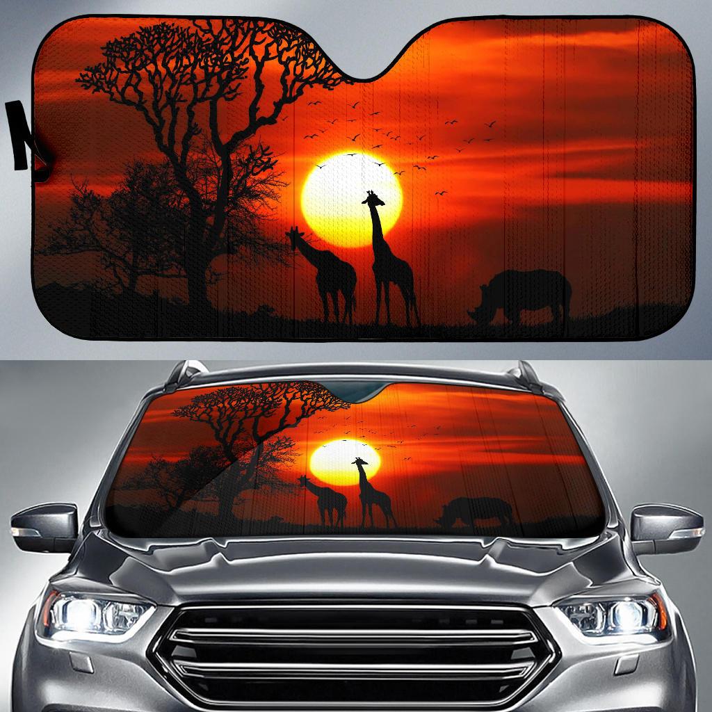 Sunset Giraffe Rhinoceros Silhouette Hd Car Sun Shade Gift Ideas 2022