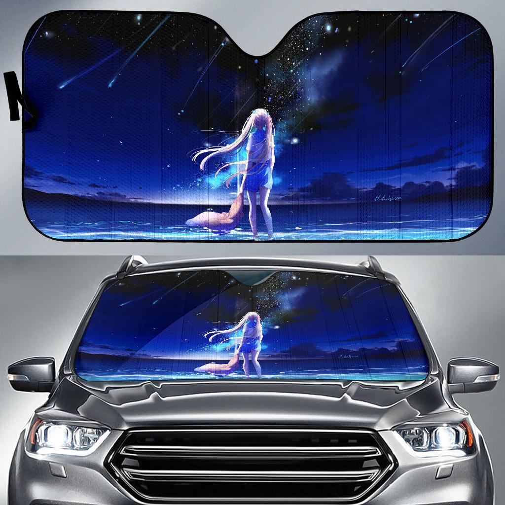 Anime Girl Night Sea Beach Blue 4K Car Sun Shade Gift Ideas 2022