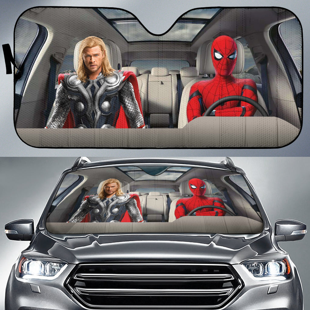 Spiderman And Thor Driving Auto Sun Shade
