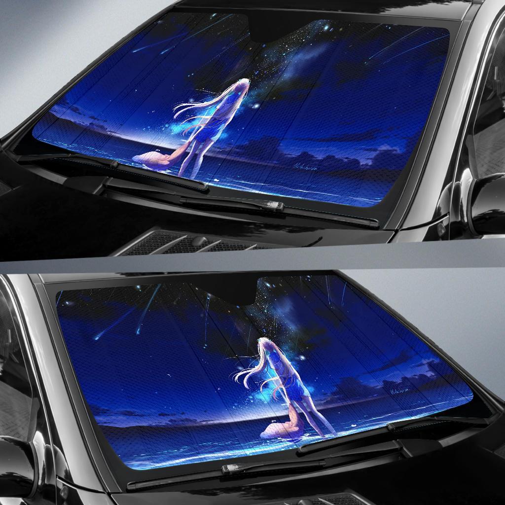 Anime Girl Night Sea Beach Blue 4K Car Sun Shade Gift Ideas 2022