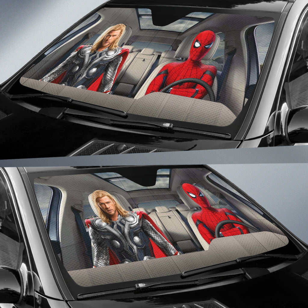 Spiderman And Thor Driving Auto Sun Shade