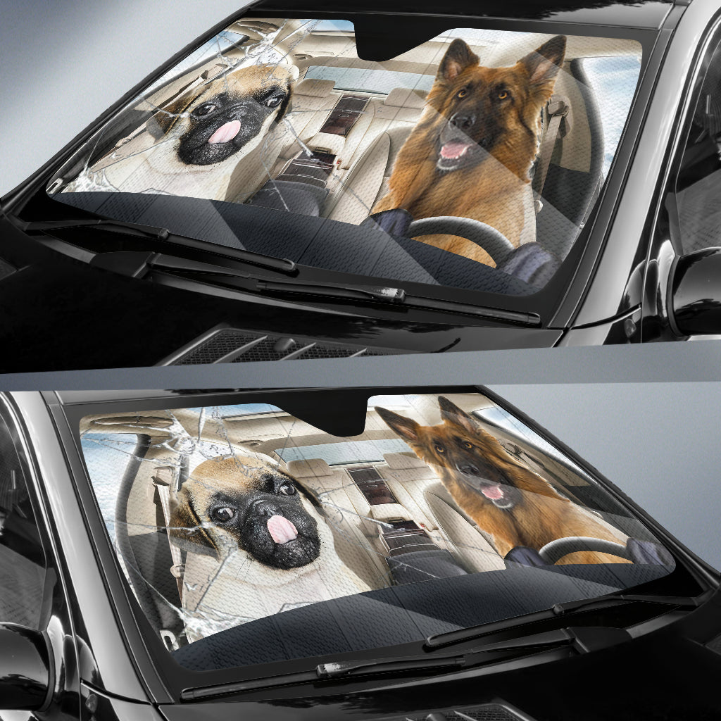 Pug Dog And German Shepherd Car Auto Sunshade 1