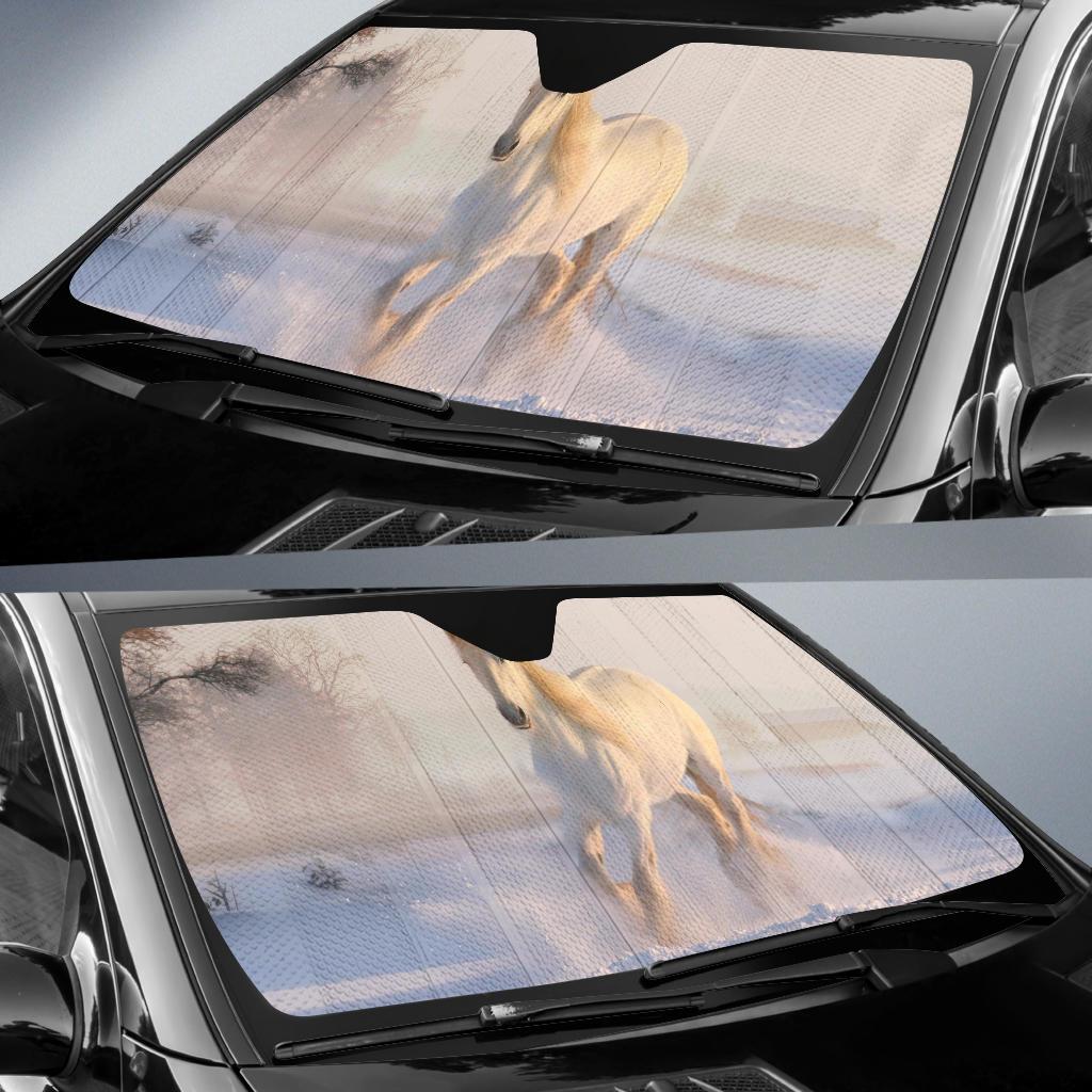 White Horse Running Horse Winter Snow 4K Car Sun Shade Gift Ideas 2022