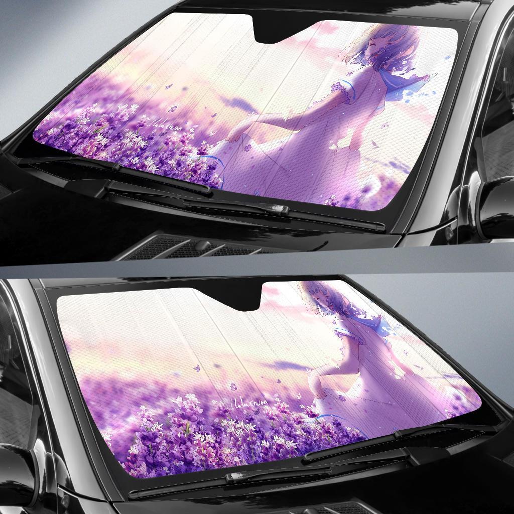 Anime Girl Lavender Flowers Purple Spring 4K Car Sun Shade Gift Ideas 2021
