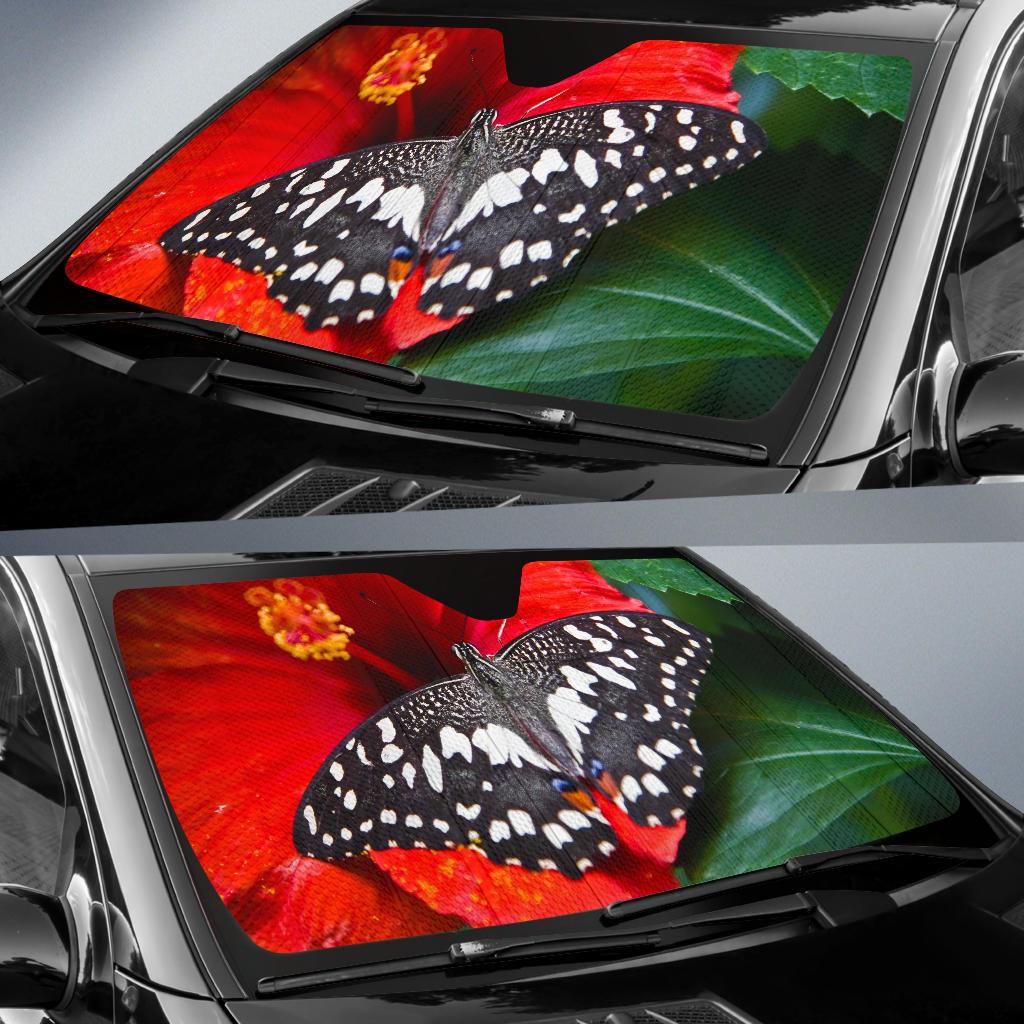 Butterfly Bright Red Hibiscus Bloom Car Sun Shade Gift Ideas 2022