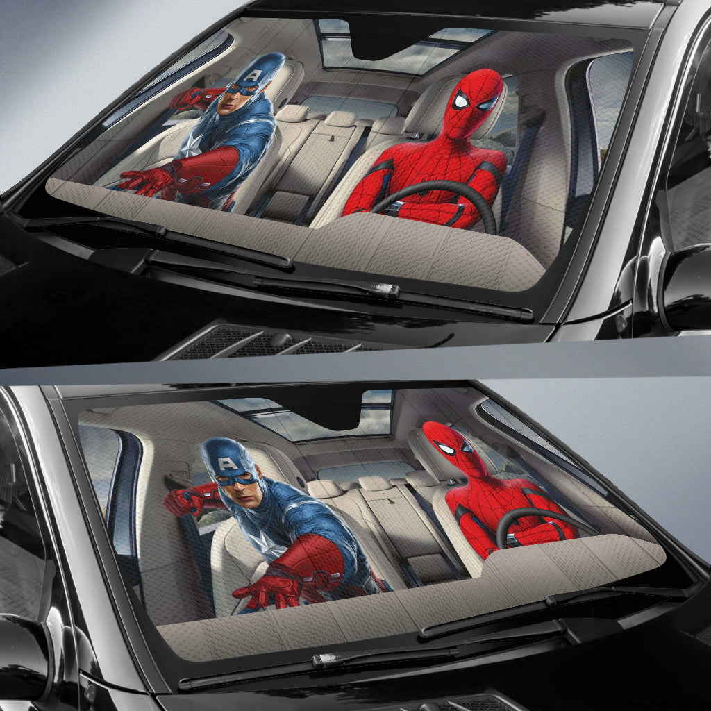 Spiderman And Captain America Driving Auto Sun Shade