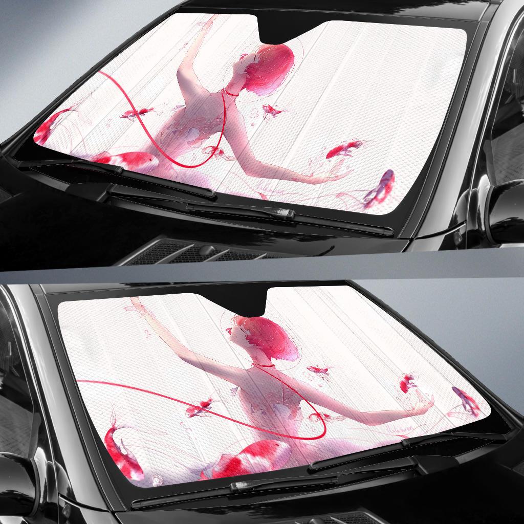 Anime Girl Ballet Dancer Fishes Pink Koi Fishes 4K Car Sun Shade Gift Ideas 2022