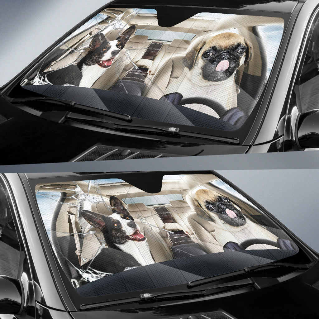 Border Collie Dog And Pug Dog Car Auto Sunshade 2