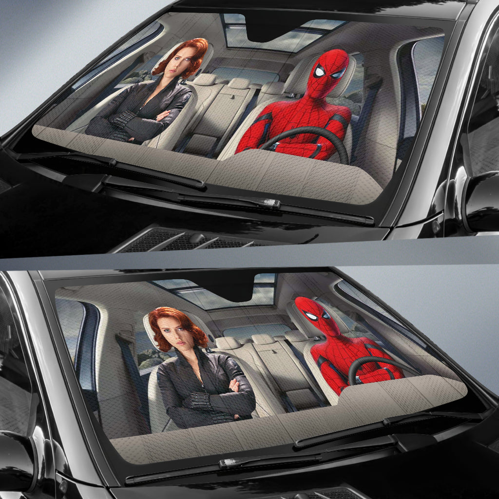 Spiderman And Black Widow Driving Auto Sun Shade