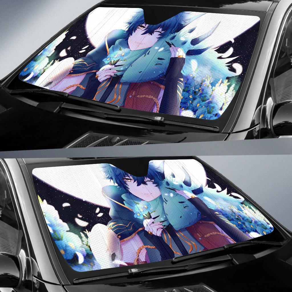 Anime Boy Dragon Blue Flowers 4K Car Sun Shade Gift Ideas 2022