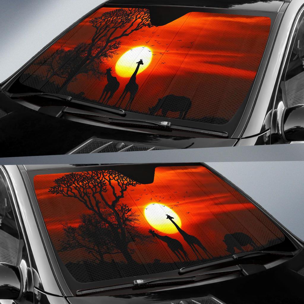 Sunset Giraffe Rhinoceros Silhouette Hd Car Sun Shade Gift Ideas 2022