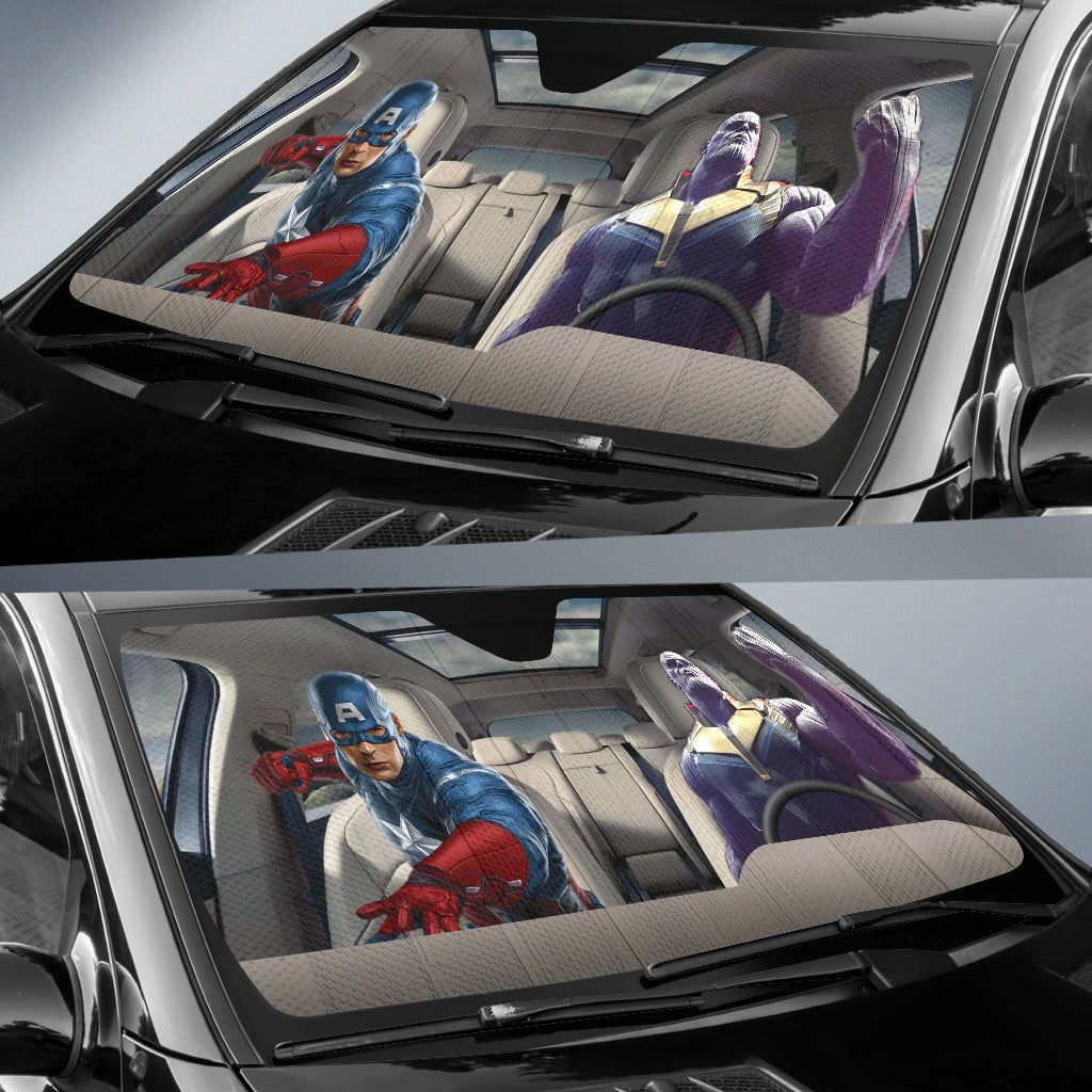 Captain America And Thanos Driving Auto Sun Shade