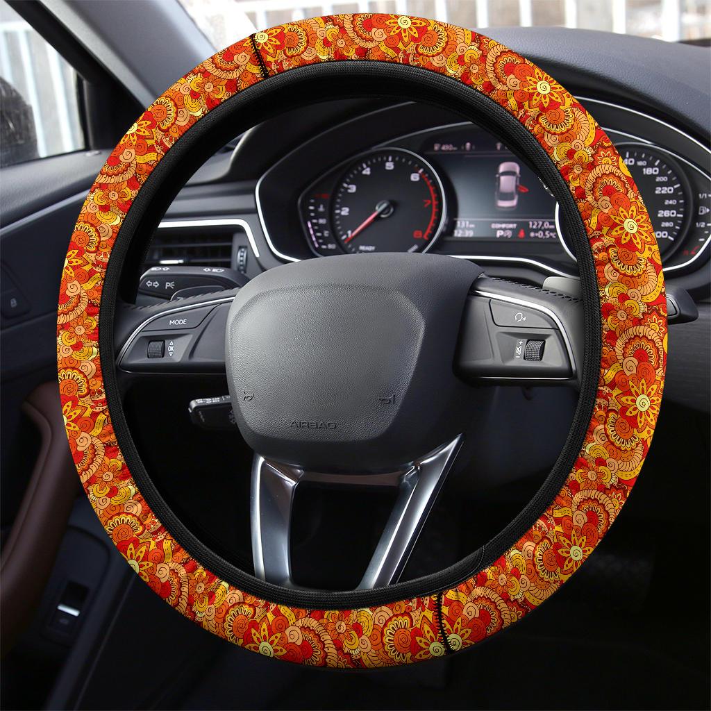 Asian Ethnic Floral Retro Doodle Fashion Premium Car Steering Wheel Cover