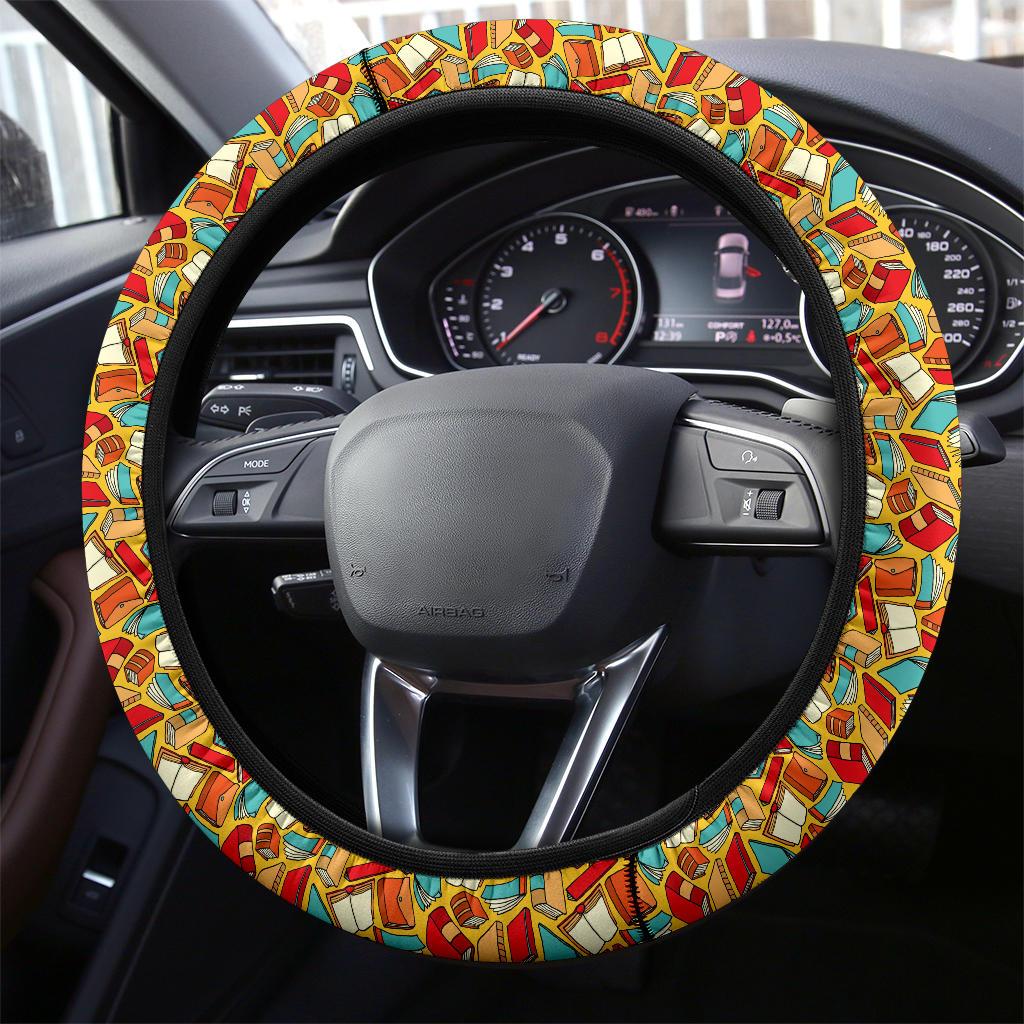 Book Yellow Background Premium Car Steering Wheel Cover