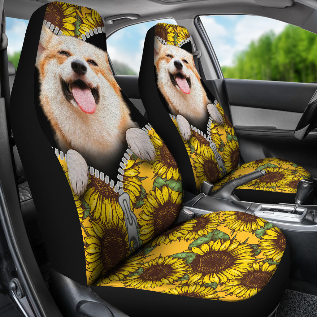 Cute Sunflower Corgi Car Seat Covers Custom Car Accessories For Corgi Onwers