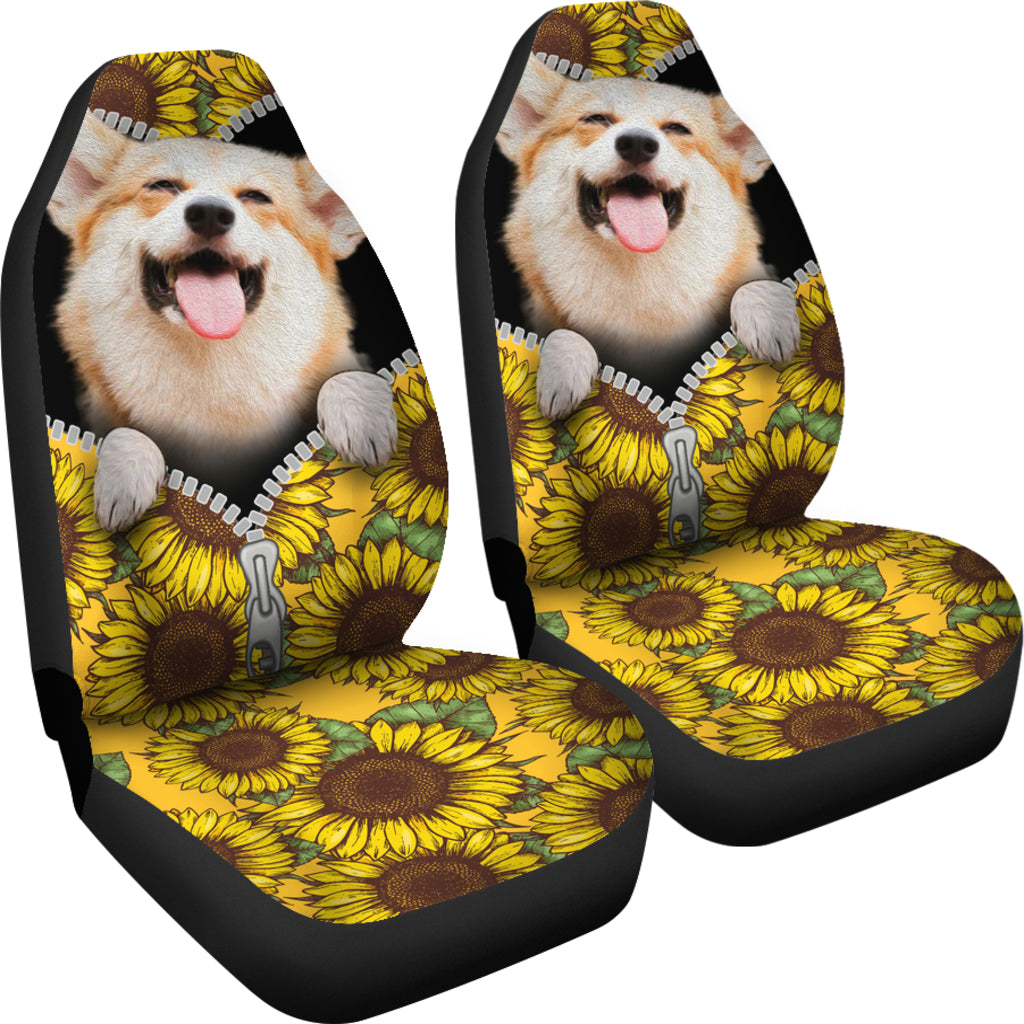 Cute Sunflower Corgi Car Seat Covers Custom Car Accessories For Corgi Onwers