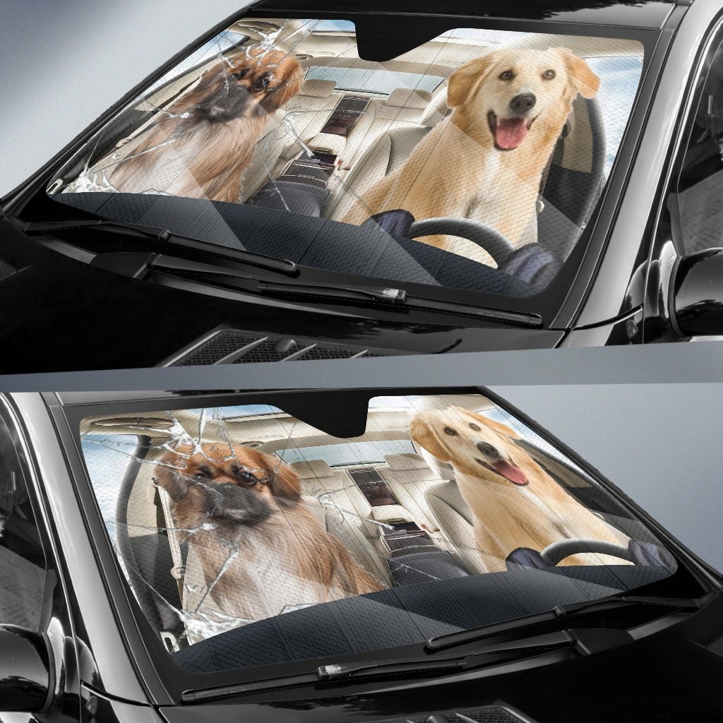 Funny Golden Dog Driving Car Auto Sunshade