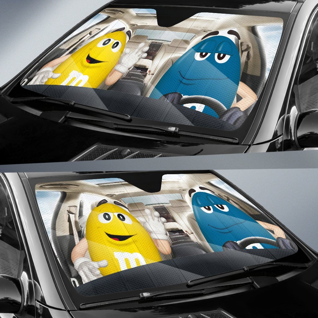 Funny M&M Chocolate Yellow Blue Driving Car Auto Sunshade