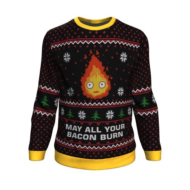 Studio Ghibli May All Your Bacon Burn Calcifer Howl'S Moving Castle Miyazaki Premium Ugly Christmas Sweater Amazing Gift Idea Thanksgiving Gift