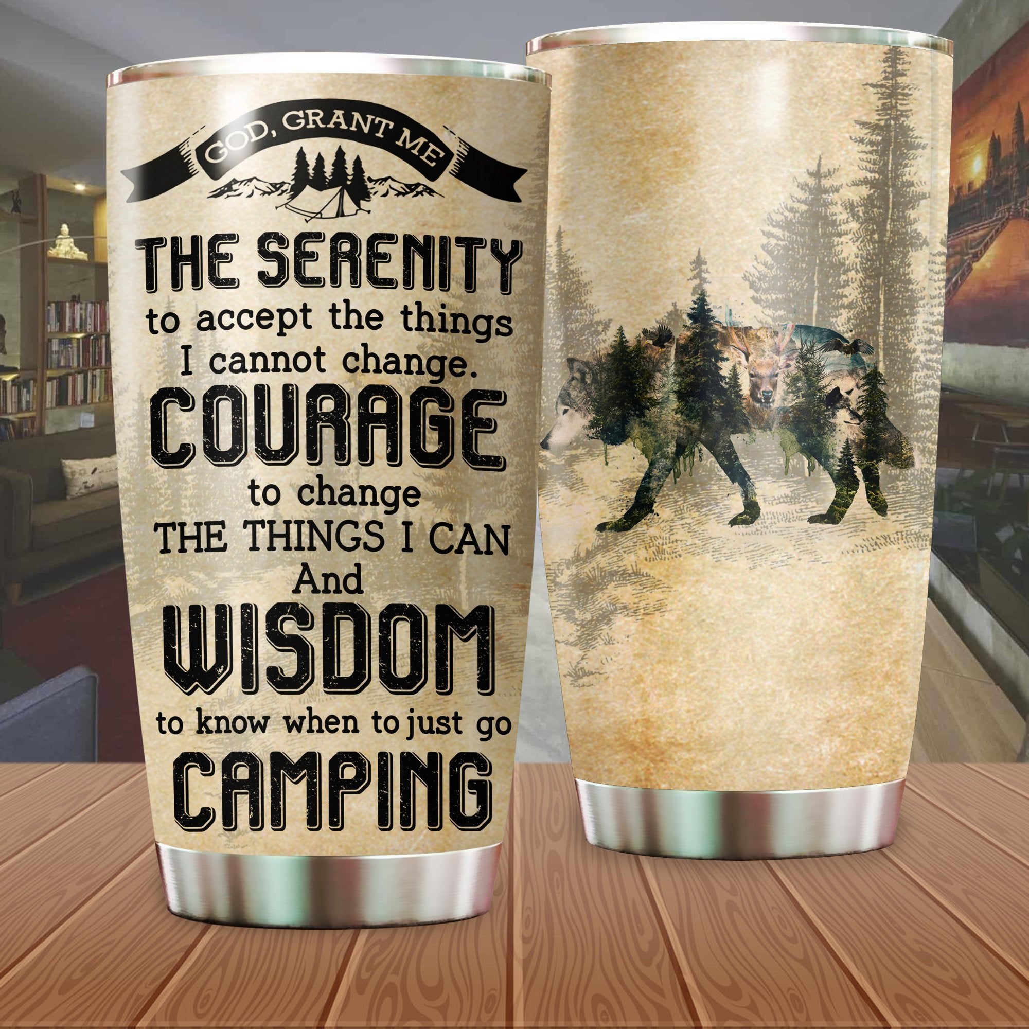 God Grant Me The Serenity Courage & Wisdom Camping Camfire Tumbler 2021