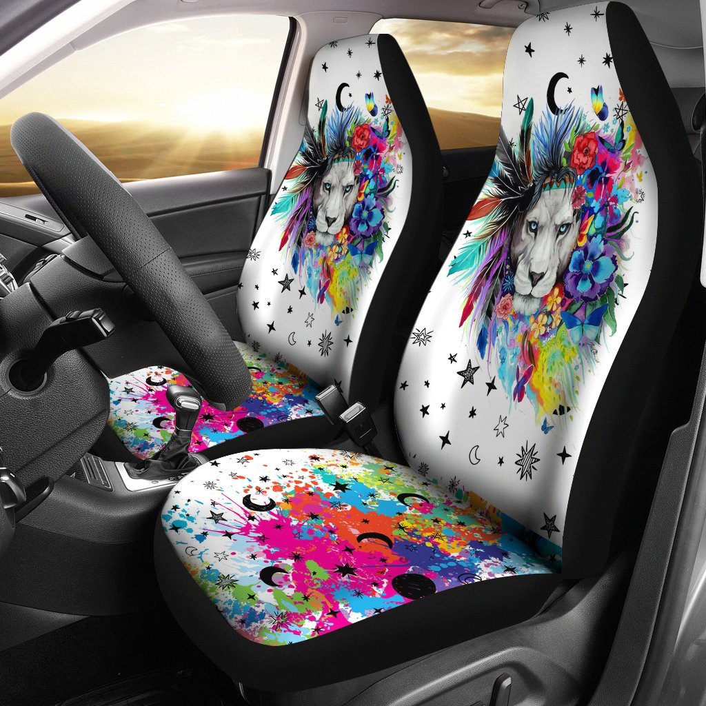 Gray Lion With Feather And Flowers Car Seat Covers