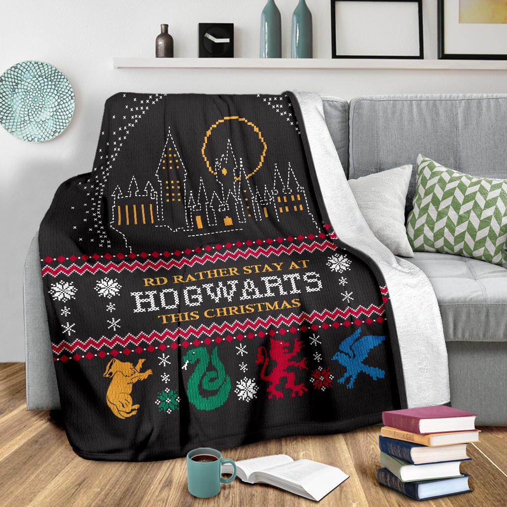 Harry Potter Rd Rather Stay At Hogwarts Ugly Christmas Custom Blanket Home Decor