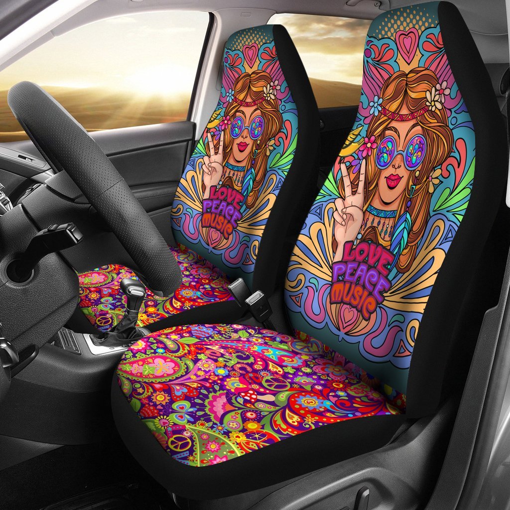 Hippie Girl In Psychedelic Glasses Car Seat Covers