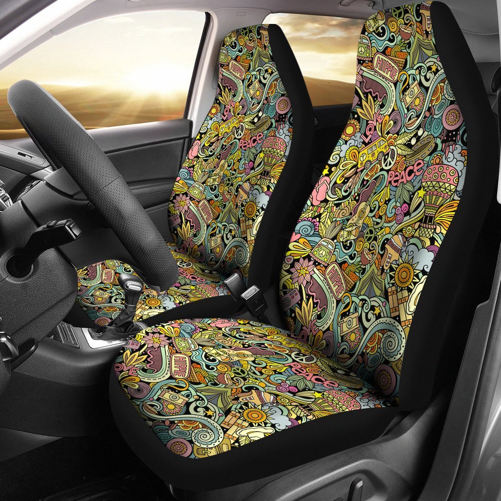 Hippie Hand Drawn Doodles Pattern Car Seat Covers