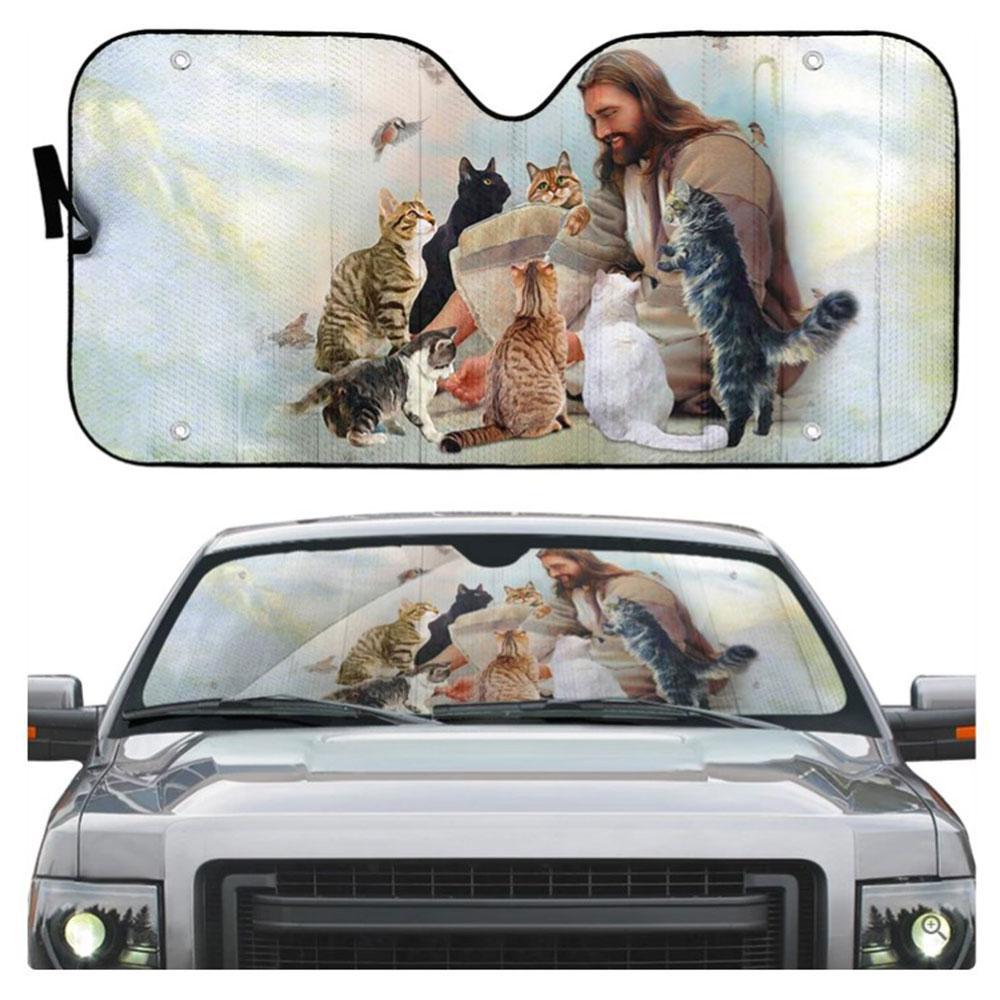 Jesus And His Cats Custom Car Auto Sun Shades Windshield Accessories Decor Gift