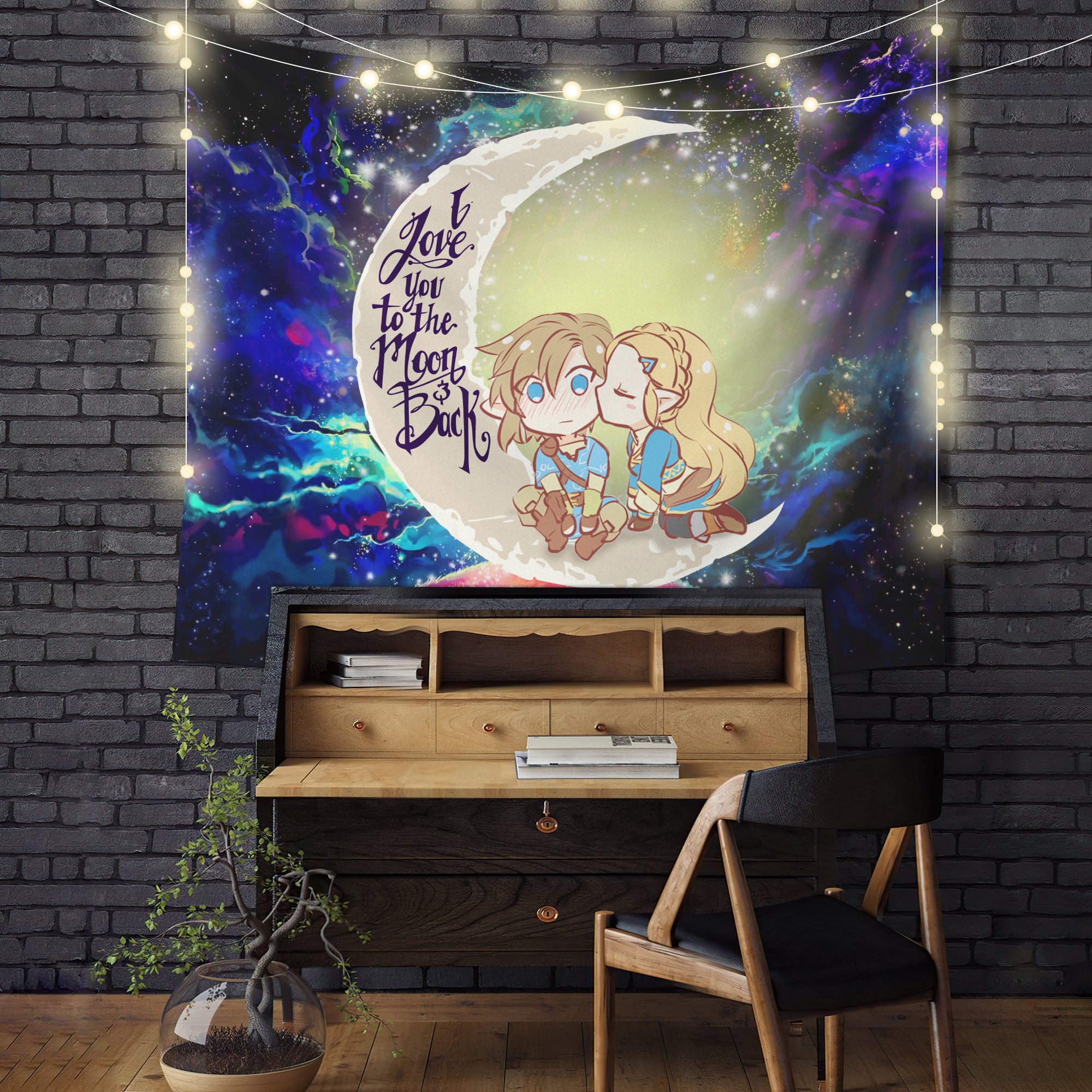 Legend Of Zelda Couple Chibi Moon And Back Galaxy Tapestry Room Decor