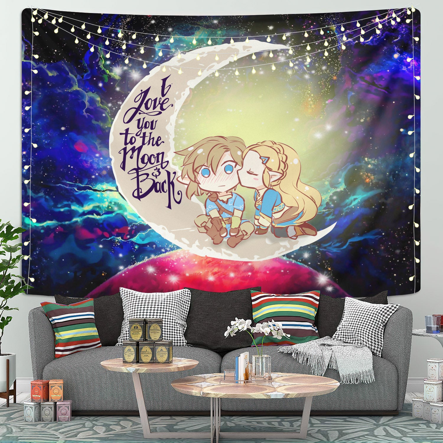 Legend Of Zelda Couple Chibi Moon And Back Galaxy Tapestry Room Decor