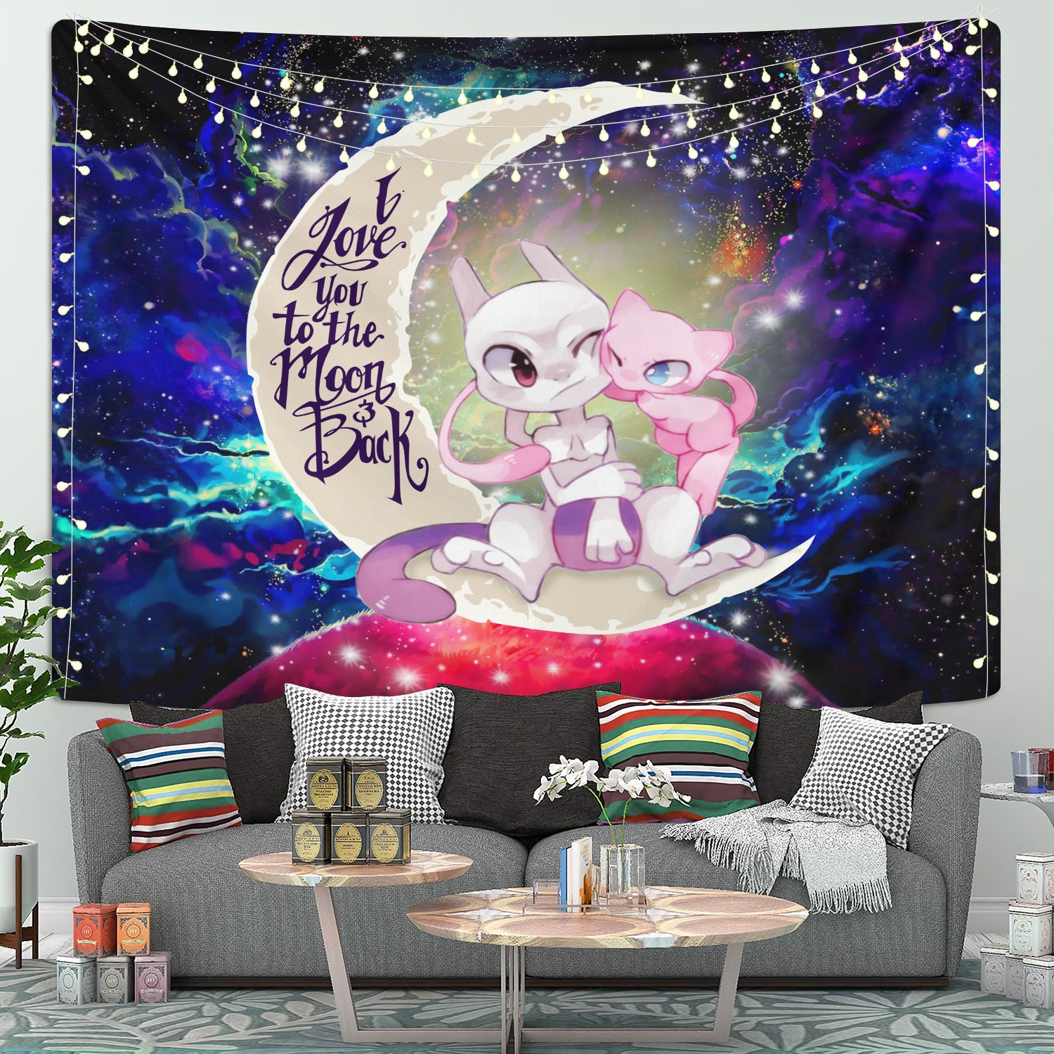 Pokemon Couple Mew Mewtwo Moon And Back Galaxy Tapestry Room Decor