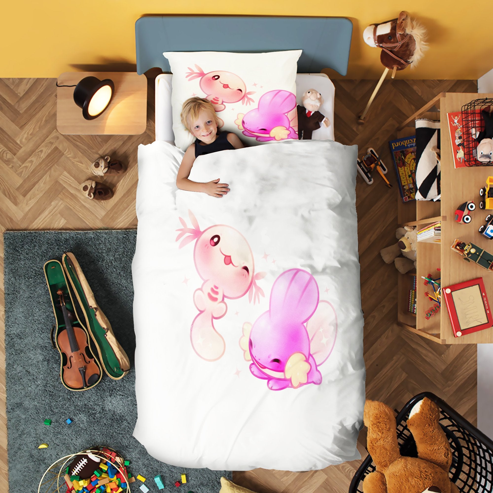 Coral Axolotl And Pokemon Bedding Set Kid Duvet Cover And Pillowcase Set