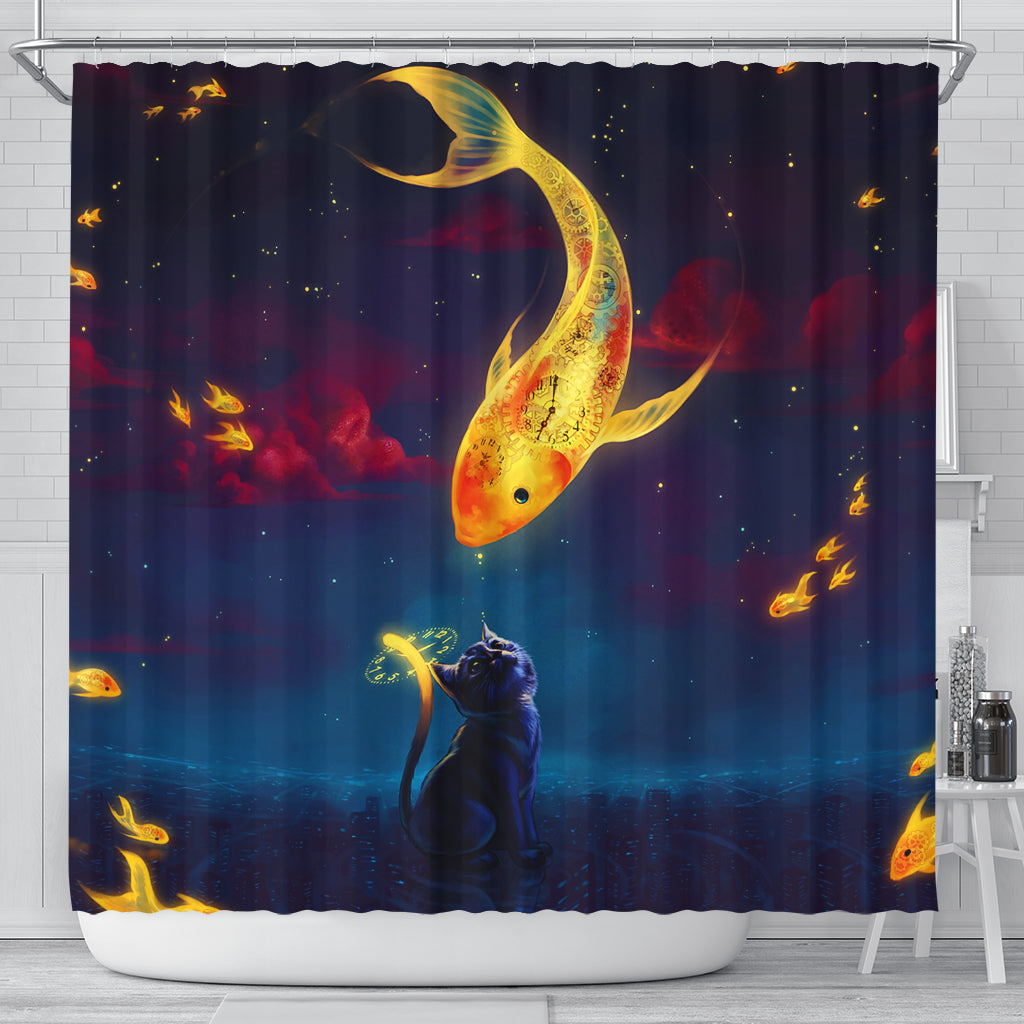 Cat Fish Catch The Moon Shower Curtain